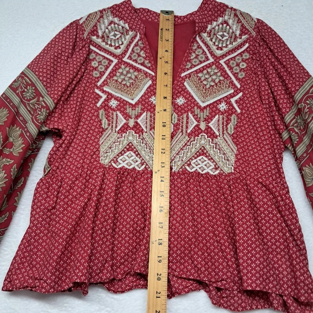 Anthropologie Keira Embroidered Peplum Women's 8 Red Long Sleeve V Neck Boho - Picture 11 of 12
